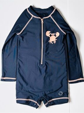 Gagou Tagou Baby Rash Guard Swimsuit One Piece Navy Pink Crab Size 24M Stretch
